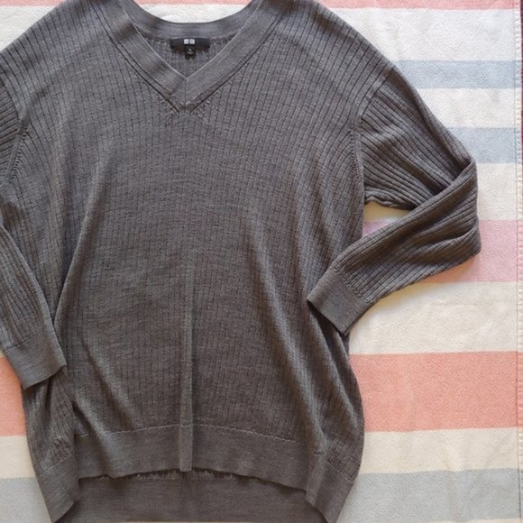 Uniqlo Merino Blend Ribbed V-Neck Sweater Gray - Picture 3 of 11